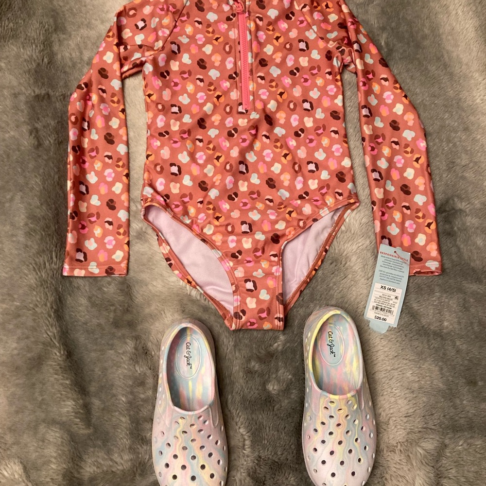 Cat & Jack One Piece Swimsuit Long Sleeve and water shoes bundle